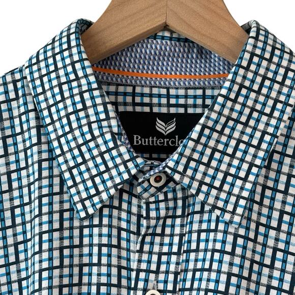 Buttercloth Mens Shirt XL Blue Black White Plaid Business Casual Flip Cuff Relax - Picture 3 of 10